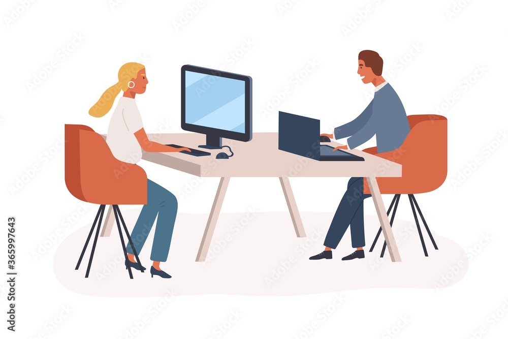 People, colleagues or partners at computer and laptop in modern coworking office. Woman and man share workplace at desktop. Open space in flat vector cartoon illustration isolated on white background