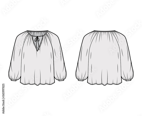Tie softly gathered neckline blouse technical fashion illustration with loose shape, long sleeves, drapes fluidly. Flat shirt apparel template front, back, grey color. Women, men unisex top CAD 