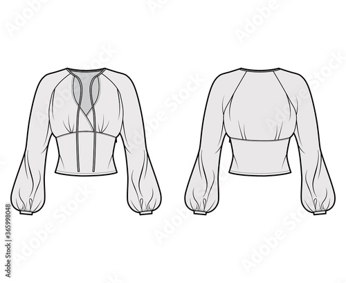 Blouse technical fashion illustration with long bishop sleeves, surplice neckline ties at front, fitted body. Flat apparel shirt template front back, grey color. Women men, unisex top CAD mockup