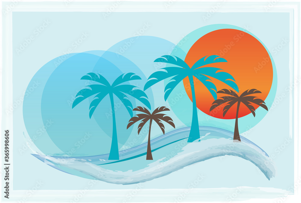 Tropical island vector illustration with sun, waves, sea and palm trees