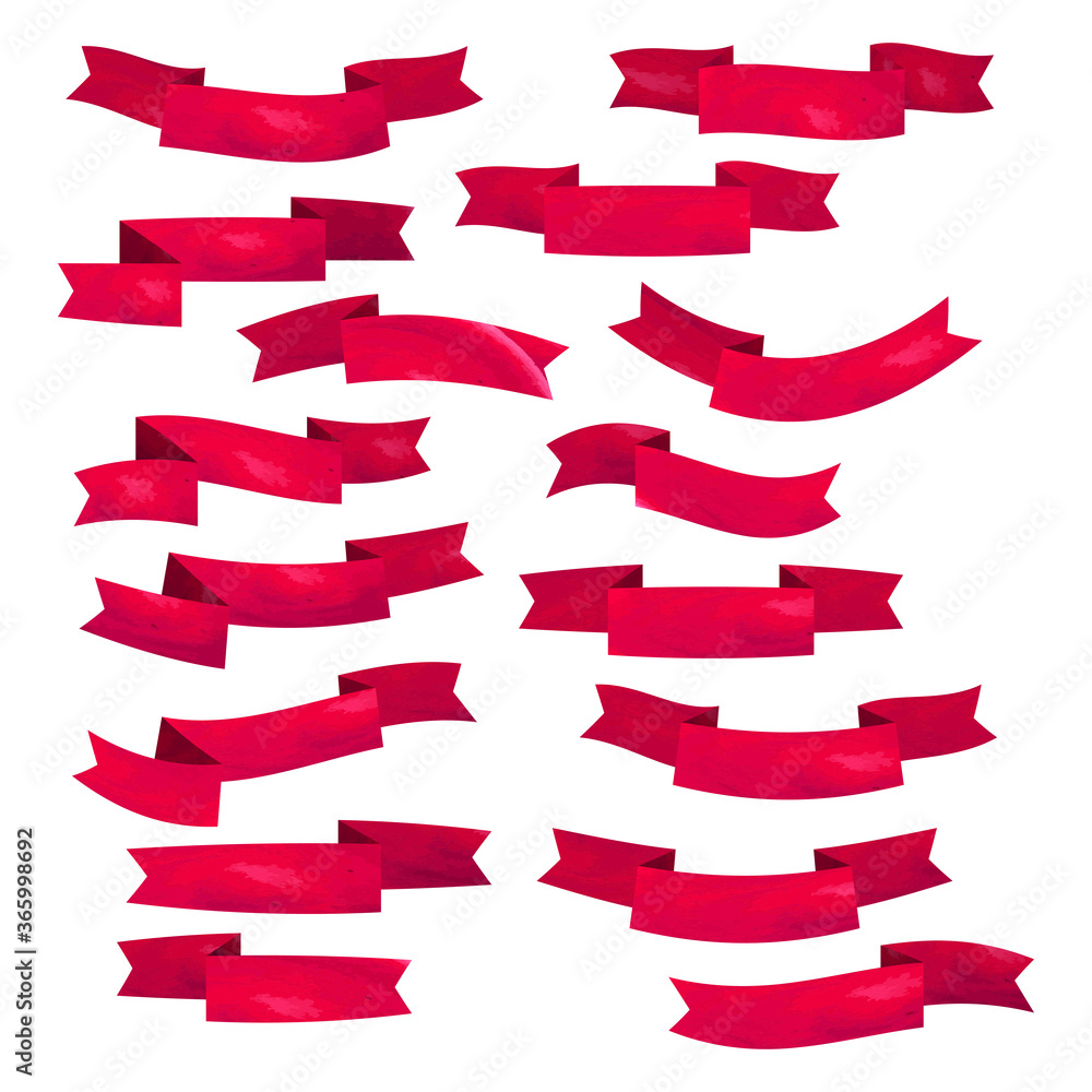 Set of red flat ribbons isolated on white background. Ribbon banner vector illustration. Watercolor lace.