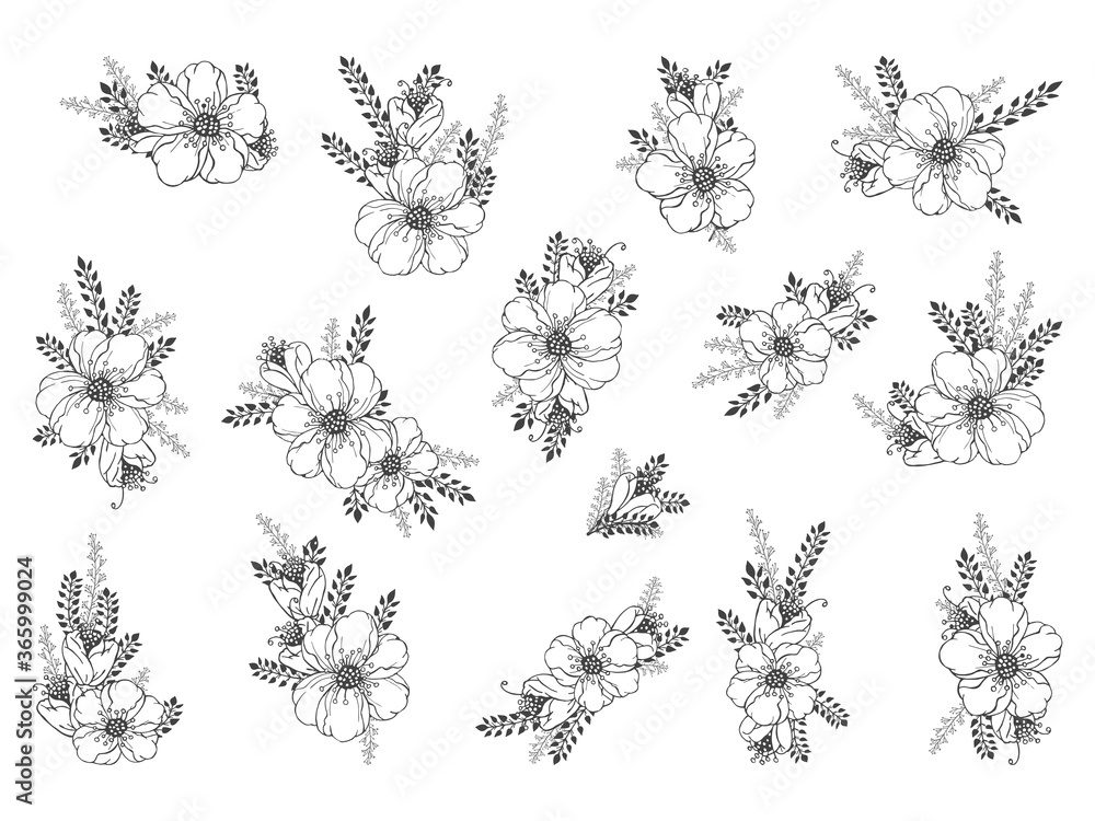 Vector set of hand drawn flowers and floral elements. Decorative collection. Monochrome.