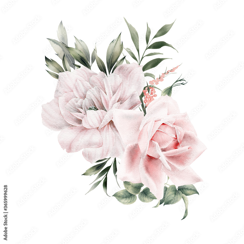 Bouquet of flowers, can be used as greeting card, invitation card for wedding, birthday and other holiday and  summer background. Watercolor illustration