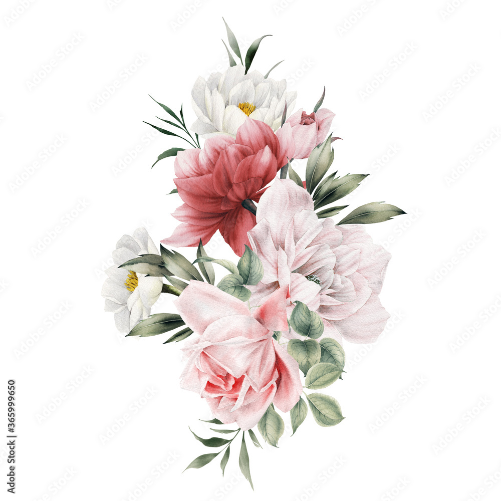 Obraz premium Bouquet of flowers, can be used as greeting card, invitation card for wedding, birthday and other holiday and summer background. Watercolor illustration