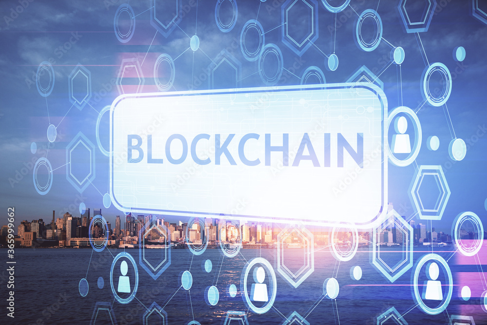 Double exposure of crypto currency theme hologram drawing and city veiw background. Concept of blockchain and bitcoin. Double exposure of crypto currency theme hologram drawing and city veiw background. Concept of blockchain and bitcoin.