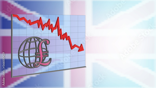 3D Banner Graph with red arrow pound sign on turbid Great Britain flag EPS10