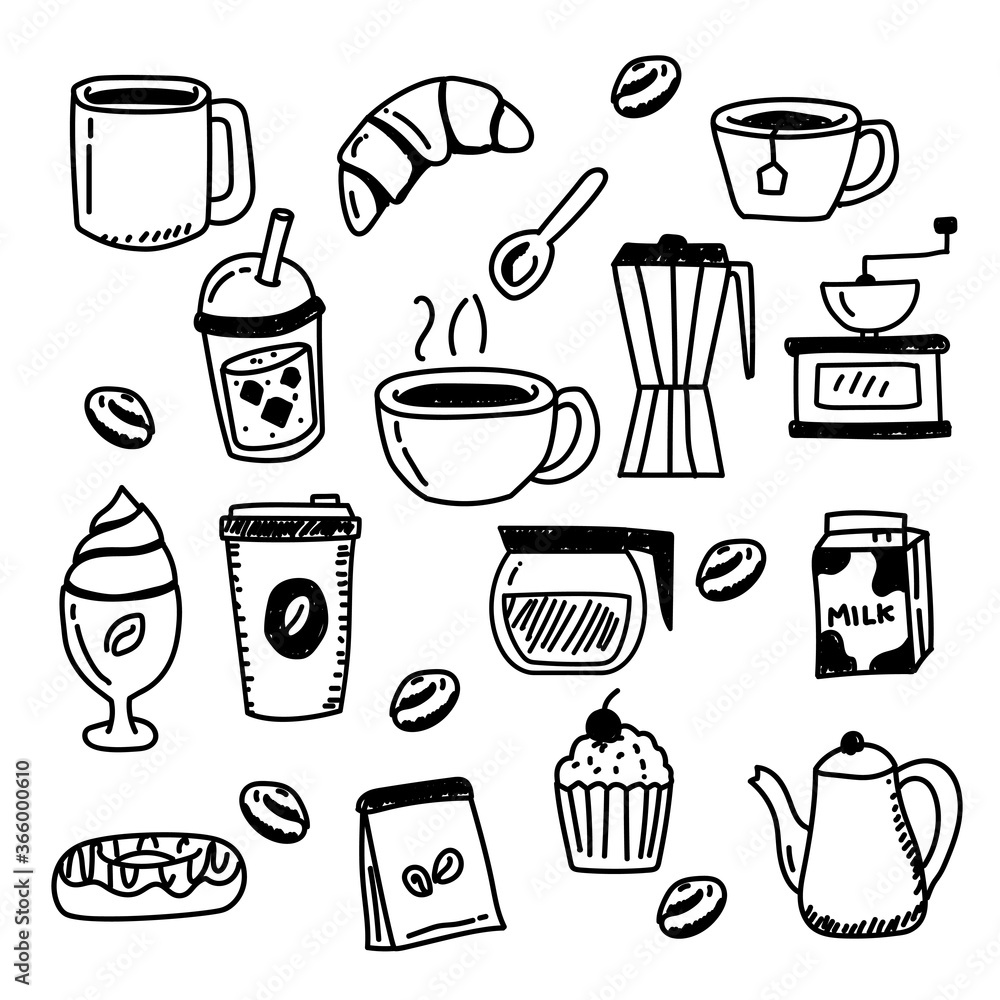 Set of coffee vector illustration draw in doodle style isolated on white background 