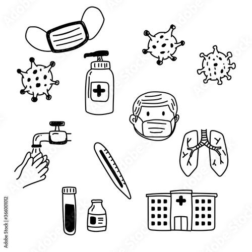 Set of corona virus related vector illustration draw in doodle style isolated on white background 
