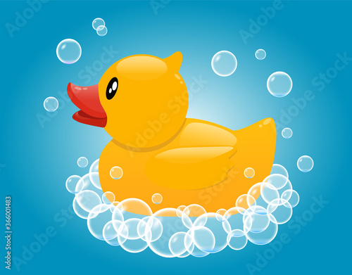 Yellow rubber duck in soap foam. Baby bathing toy. Vector cartoon illustration on a blue background.