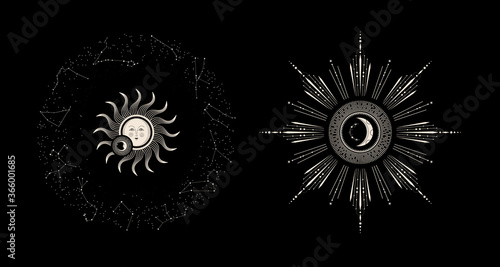 Sun, stars and crescent. Moon face. Vintage illustrations.