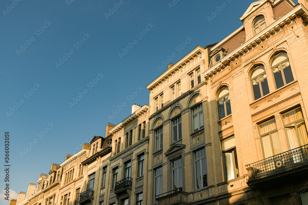 Brussels / Belgium - 2020: Sunset light on the streets of the city