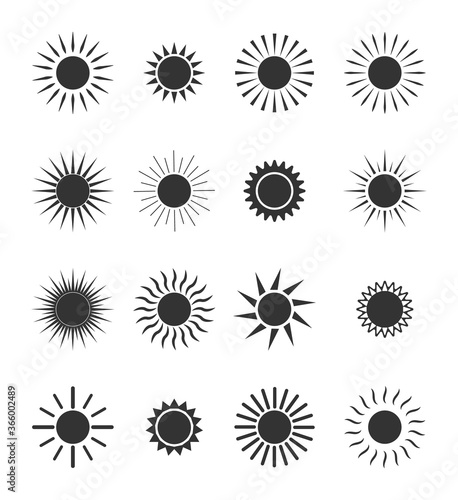 Sun icon. Circles with sunlights. Silhouettes for sunrise or sunset. Set of black logos for art, cartoon and meteorology. Symbol of nature, burst, summer and hot. Graphic shapes for label. Vector