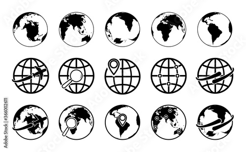 Globe earth icons. World maps with plane, arrow, network, location. Travel around planet. Global internet business. Symbol of worldwide technology. Asia, africa, america, australia. Vector.
