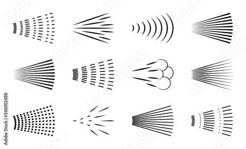 Spray icon. Logo of water in shower. Symbol of aerosol, air, deodorant, hygiene. Steam, fog from nozzle. Clean gas from sprayer. Sprinkle aroma on hair in bathroom. Jet graffiti from bottle. Vector.