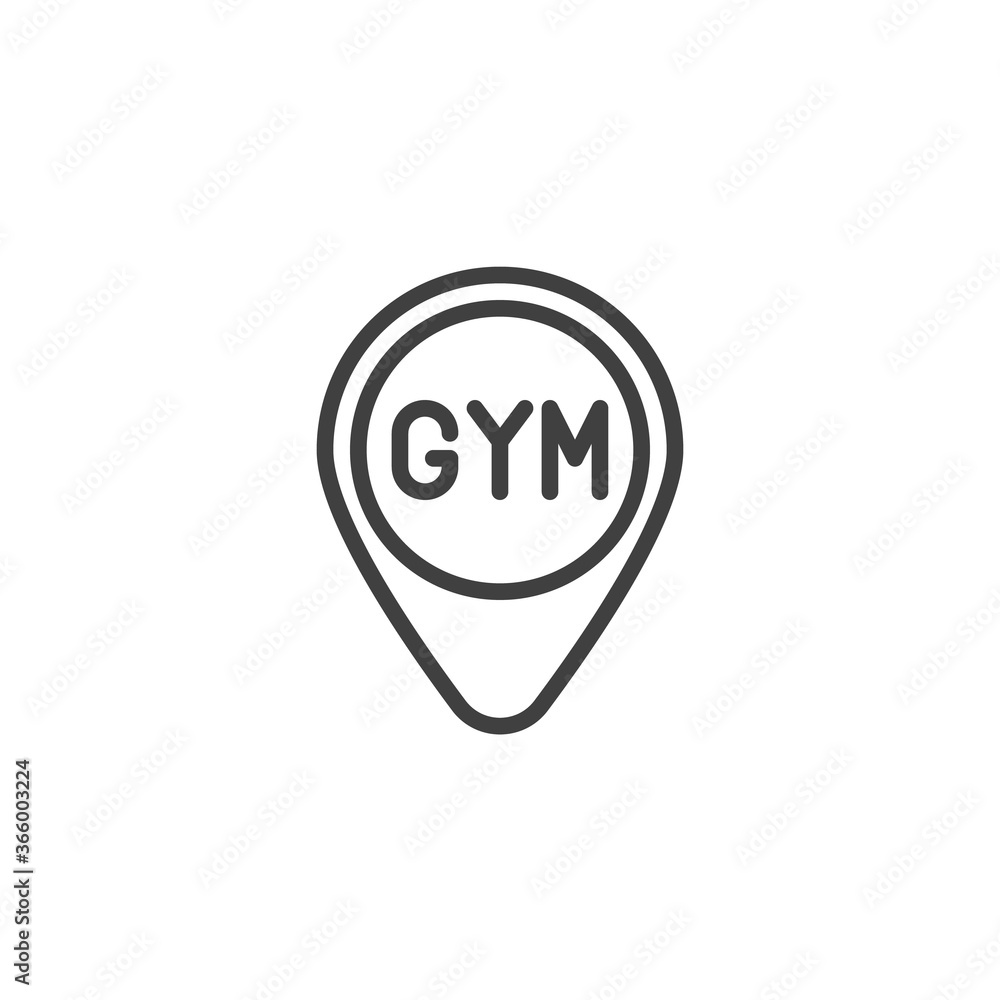 Gym location pin line icon. linear style sign for mobile concept and web design. Gym Point outline vector icon. Symbol, logo illustration. Vector graphics Gym location pin line icon. linear style sign for mobile concept and web design. Gym Point outline vector icon. Symbol, logo illustration. Vector graphics