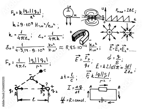 Electric magnetic law theory and physics mathematical formula equation. Physical equations on whiteboard. Education and scientific  background. Vector hand-drawn illustration.