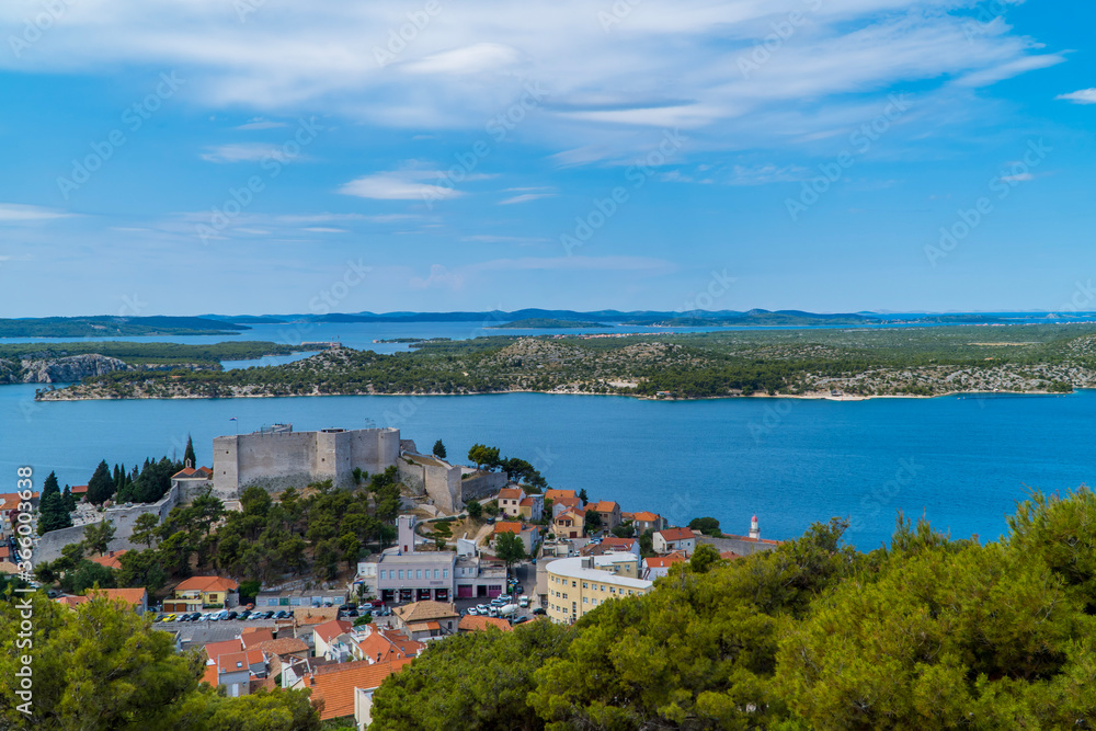 Fototapeta premium Panoramic view of Michael's Fortress and Sibenik sea seen from Barone Fortress in Sibenik, Dalmatia, Croatia