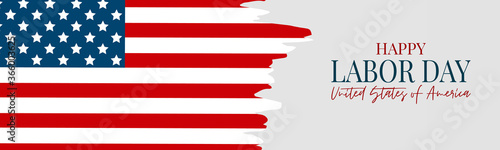 Labor Day banner or header. USA national federal holiday design. Grunge brush stroke shape. American flag background. Realistic vector illustration.