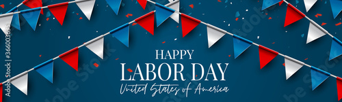Labor Day banner or header. USA national federal holiday design. American flag colors background and blue and red bunting. Realistic vector illustration.