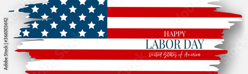 Labor Day banner or header. USA national federal holiday design. Grunge brush stroke shape. American flag background. Realistic vector illustration.