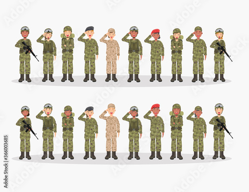 Group of army, men and woman, in camouflage combat uniform saluting. Cute flat cartoon style. Isolated vector illustration.