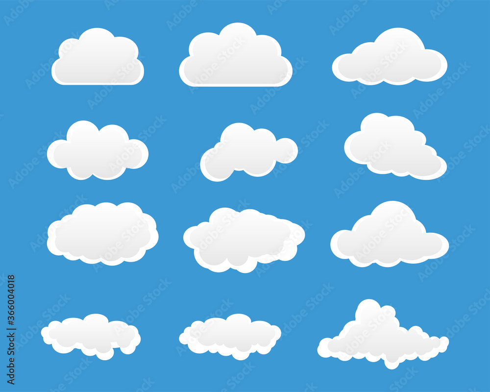 Set of white clouds with a shadow. Clouds vector illustration. Different clouds on a blue sky. Weather icons