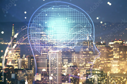 Double exposure of creative human head microcircuit hologram on San Francisco office buildings background. Future technology and AI concept