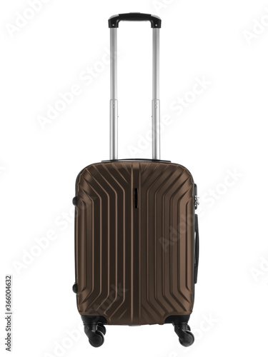 brown plastic suitcase for traveling on wheels