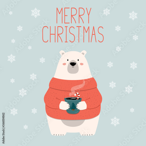 Cartoon Christmas polar bear with  hot chocolate and lettering. Vector isolated funny happy new year illustration for xmas cards, banners and labels.