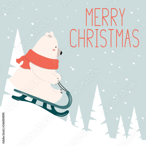 Merry Christmas card with polar bear slide on the sleigh around the snowy fir trees and lettering. Vector isolated new year banner. Holiday background for noel invitations.