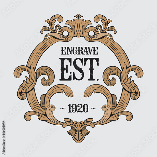Engrave vintage hand drawn flourish label luxury element victorian round frame border etched badge vector illustration