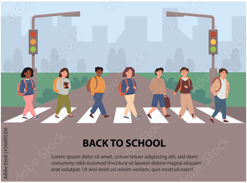 Children crossing street along crosswalk. Kids going back to school concept. School pupil walking across pedestrian crossing. Road safety rules for kids, educational flyer with place for text. Vector. photo