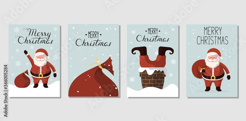 Christmas card templates with santa claus, christmas gift bag and lettering. Vector isolated xmas banners. Holiday background for noel invitations.
