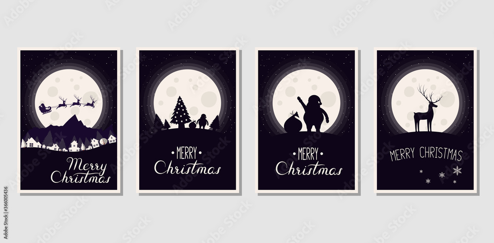 Naklejka Merry Christmas invitation templates with silhouettes of santa claus, reindeer, gift bag and christmas tree. Winter holiday xmas cards. Vector isolated festive posters with lettering.