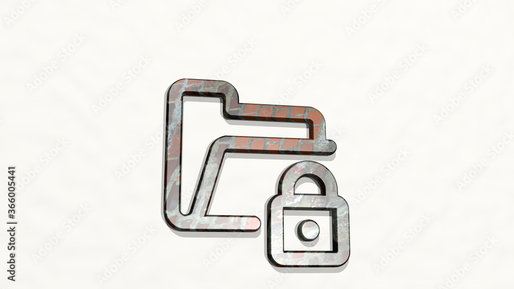 FOLDER LOCK on the wall. 3D illustration of metallic sculpture over a white background with mild texture. business and icon FOLDER LOCK on the wall. 3D illustration of metallic sculpture over a white background with mild texture. business and icon