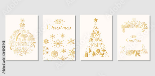 Golden Merry Christmas invitation templates with snowflakes and sparkles, fir and pine, holly and mistletoe. Winter holiday xmas flourish cards. Vector isolated festive vintage borders with lettering.