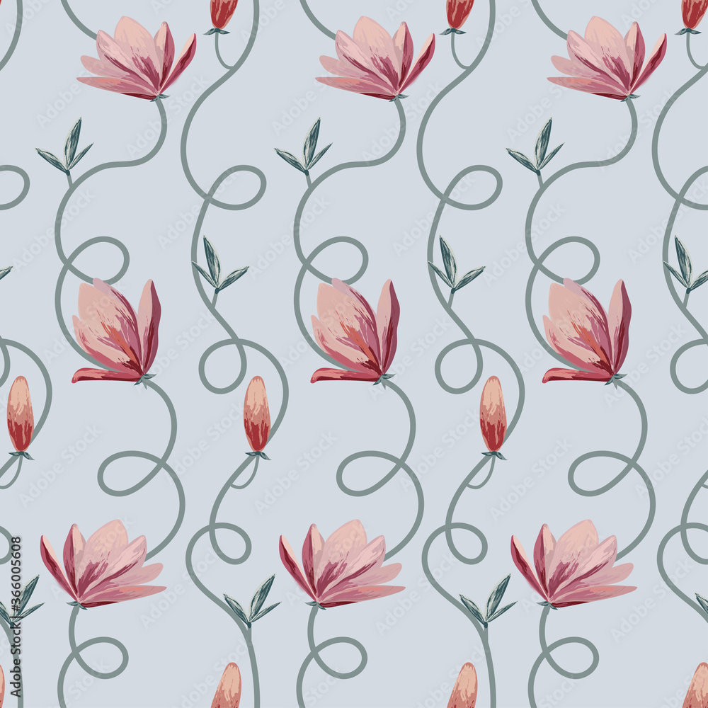 Seamless floral pattern with lotos flowers and swirls