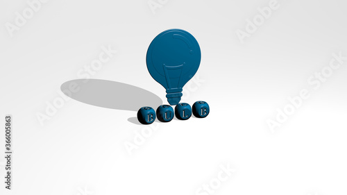 Bilde på lerret 3D illustration of bulb graphics and text made by metallic dice letters for the related meanings of the concept and presentations