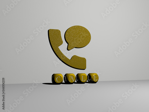 3D representation of CALL with icon on the wall and text arranged by metallic cubic letters on a mirror floor for concept meaning and slideshow presentation. phone and business photo