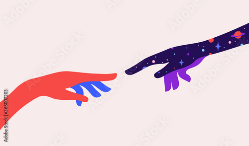 Two hands. The Creation of Adam. Design concept sign Creation of Adam. Silhouette hands of man and god, universe starry night dream background. Colorful contemporary art style. Vector Illustration
