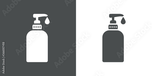 Concepto higiene y limpieza. Icono plano dosificador de jabón en fondo gris y fondo blanco	