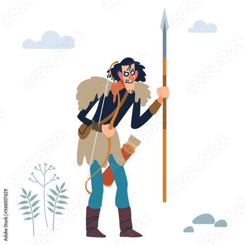 Viking. Crazy wiry long Viking with spear and bow. Design concept with flat human character. Cartoon flat vector illustration