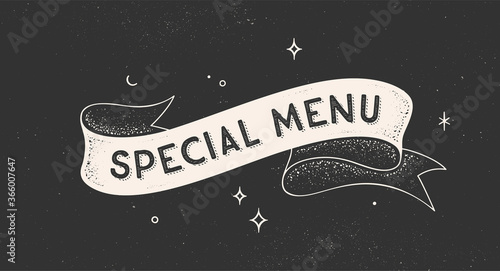 Special Menu. Vintage ribbon with text Special Menu. Black white vintage banner with ribbon, graphic design. Old school hand-drawn element for cafe, bar, restaurant, food menu. Vector Illustration