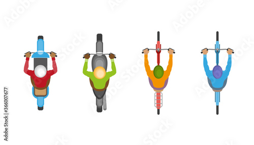 People on motorcycles and bicycles on the road. Top view.