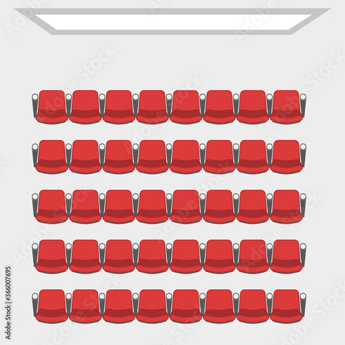 Cinema theater hall. (top view) Cinema auditorium with screen and seats. (View from above)