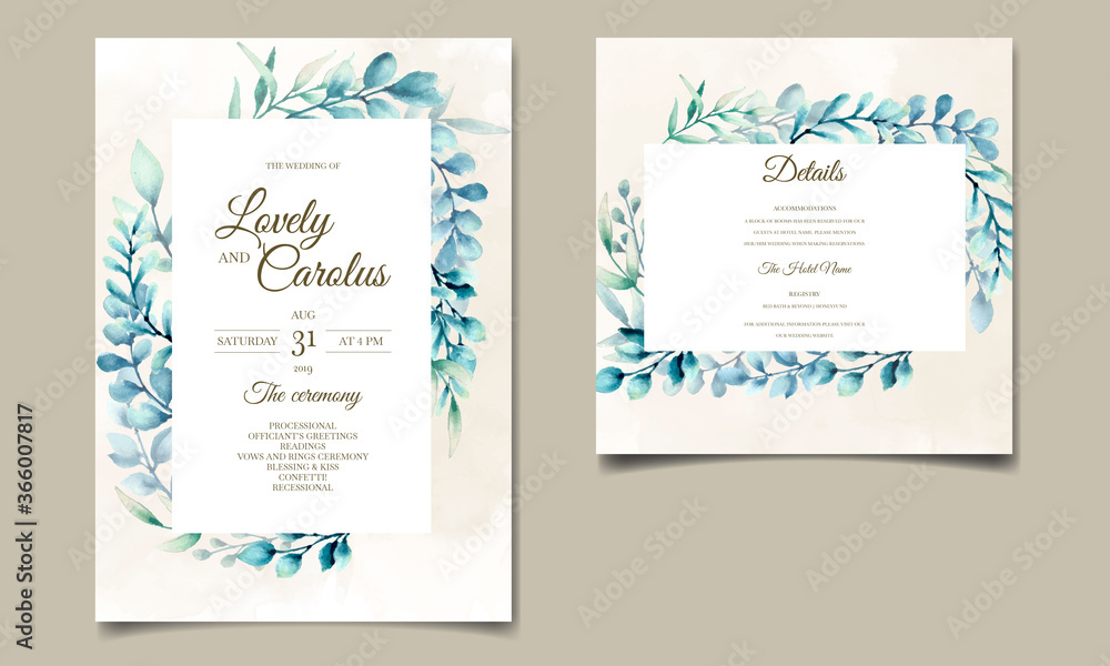 Elegant watercolor leaves invitation card set