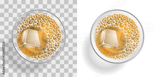 Cocktail in a glass with ice on a transparent background. Top view. A glass with a drink, foam and ice.