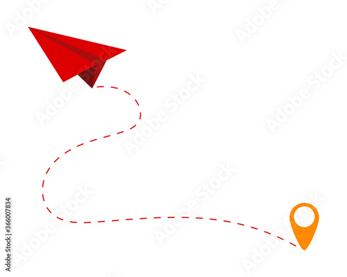 Red paper airplane with a trace. Airplane path. Travel route. Travel and distance concept. Plane and a map pin on white background