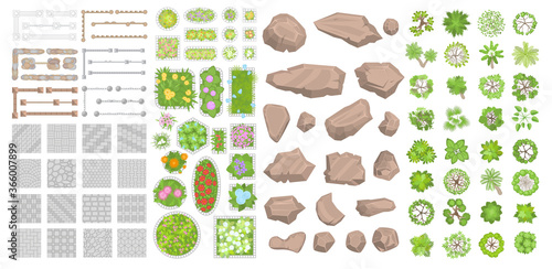 Set of park elements. (Top view) Collection for landscape design, plan, maps. (View from above) Pavements, stones, trees, flower beds, fence.