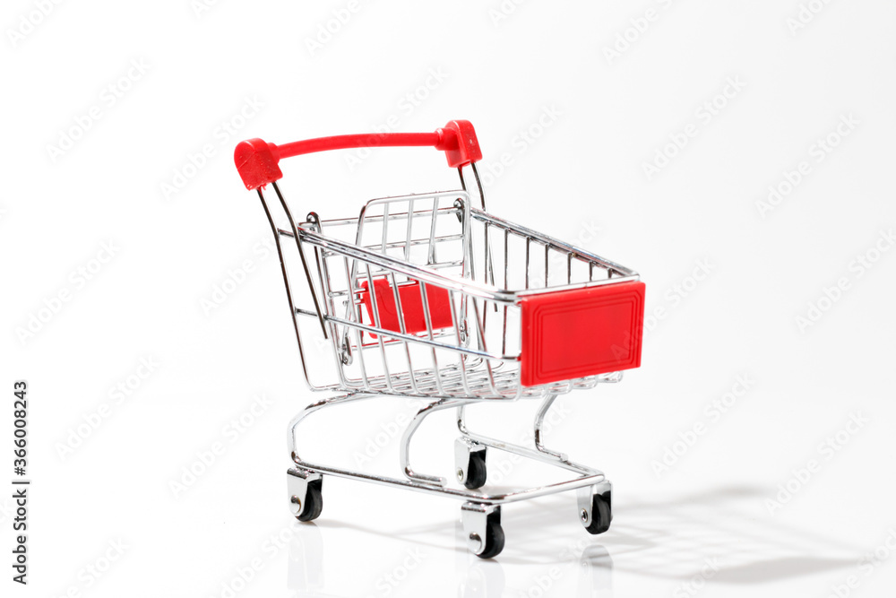 Cart is empty from the supermarket on a white background. Online shopping for buyers concept.